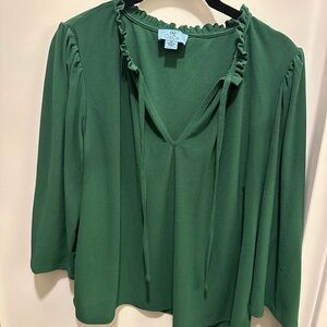 CeCe Forest Green Blouse with Ruffle Trim